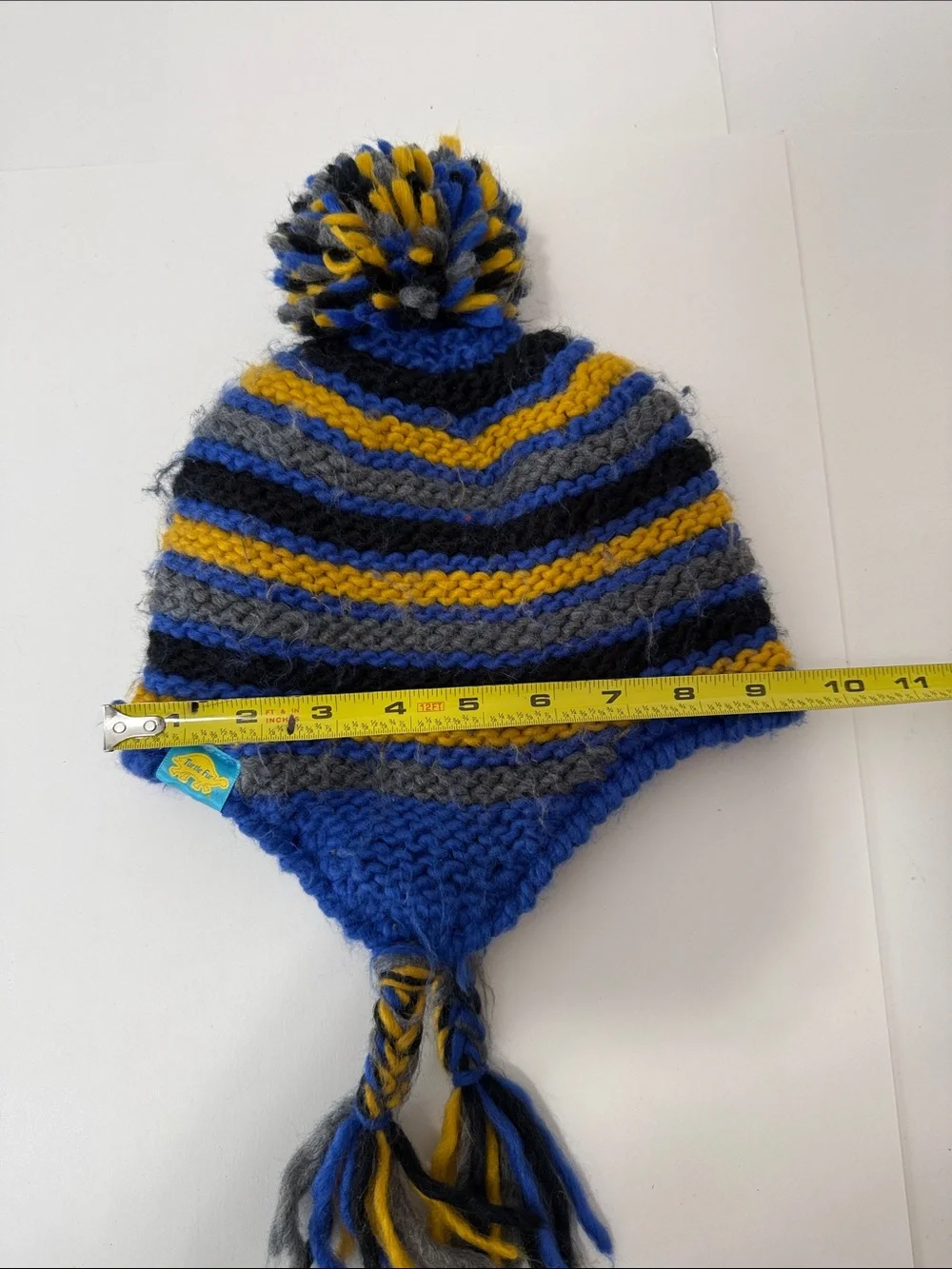 Turtle fur -Striped Knit Pom Earflap Hat for Kids — Blue, Yellow & Gray